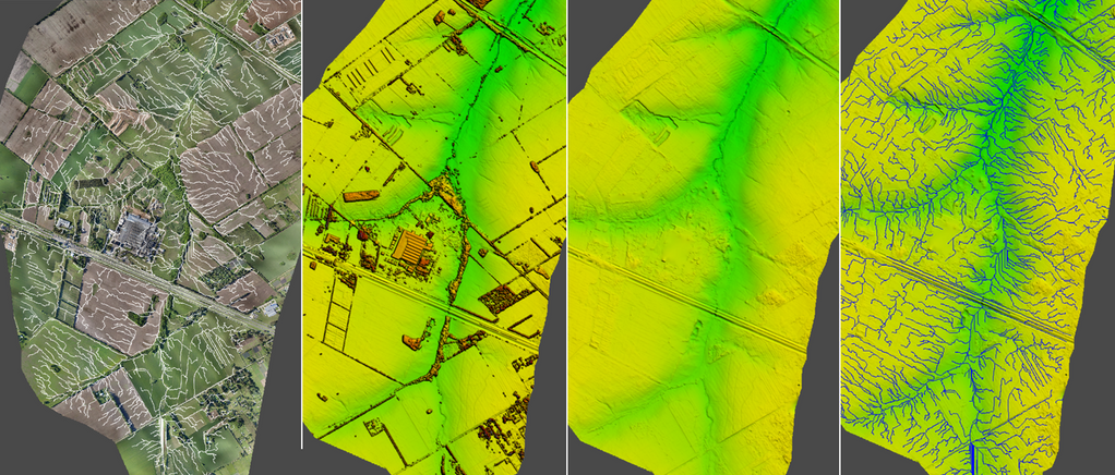 Modelos topográficos, ortomosaico RGB y red de drenaje
